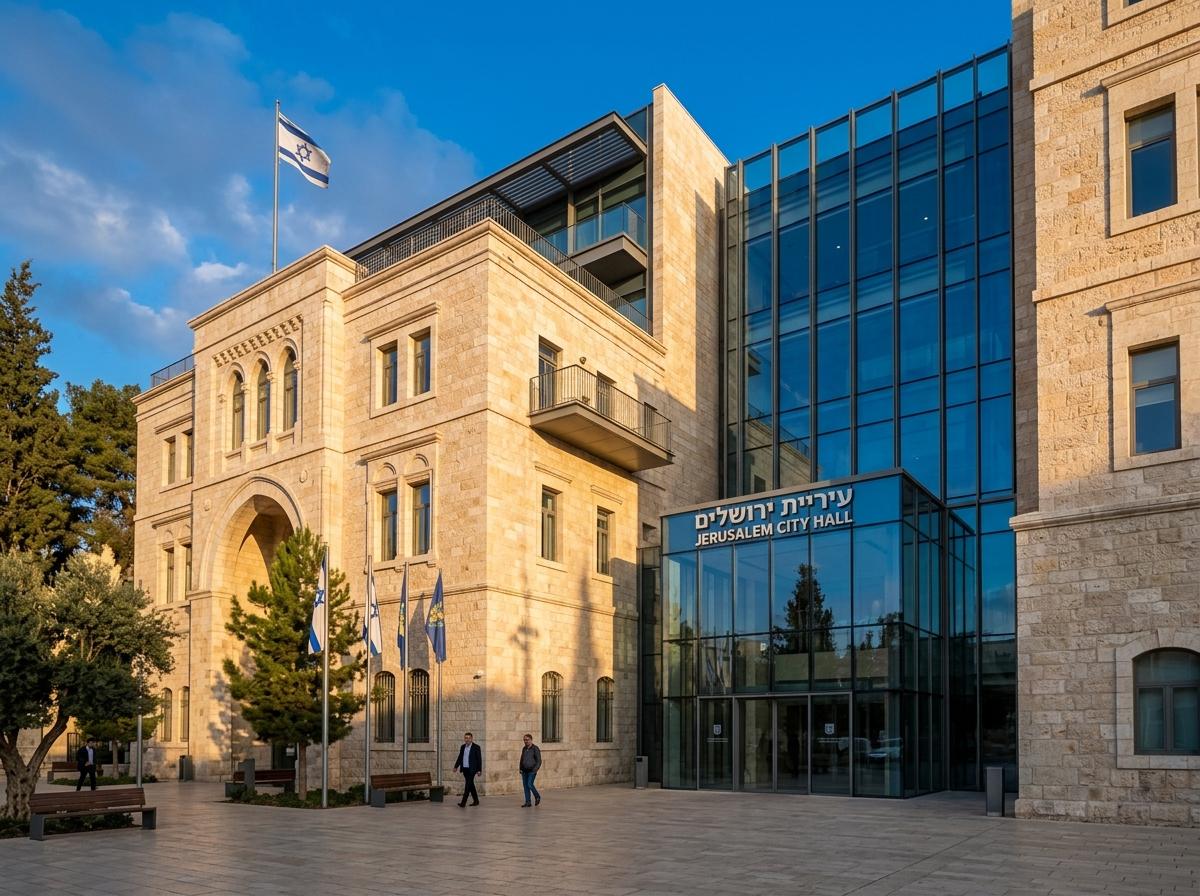 מבנה מועצה ורשות מקומית בנוי מאבן ירושלמית באור השקיעה